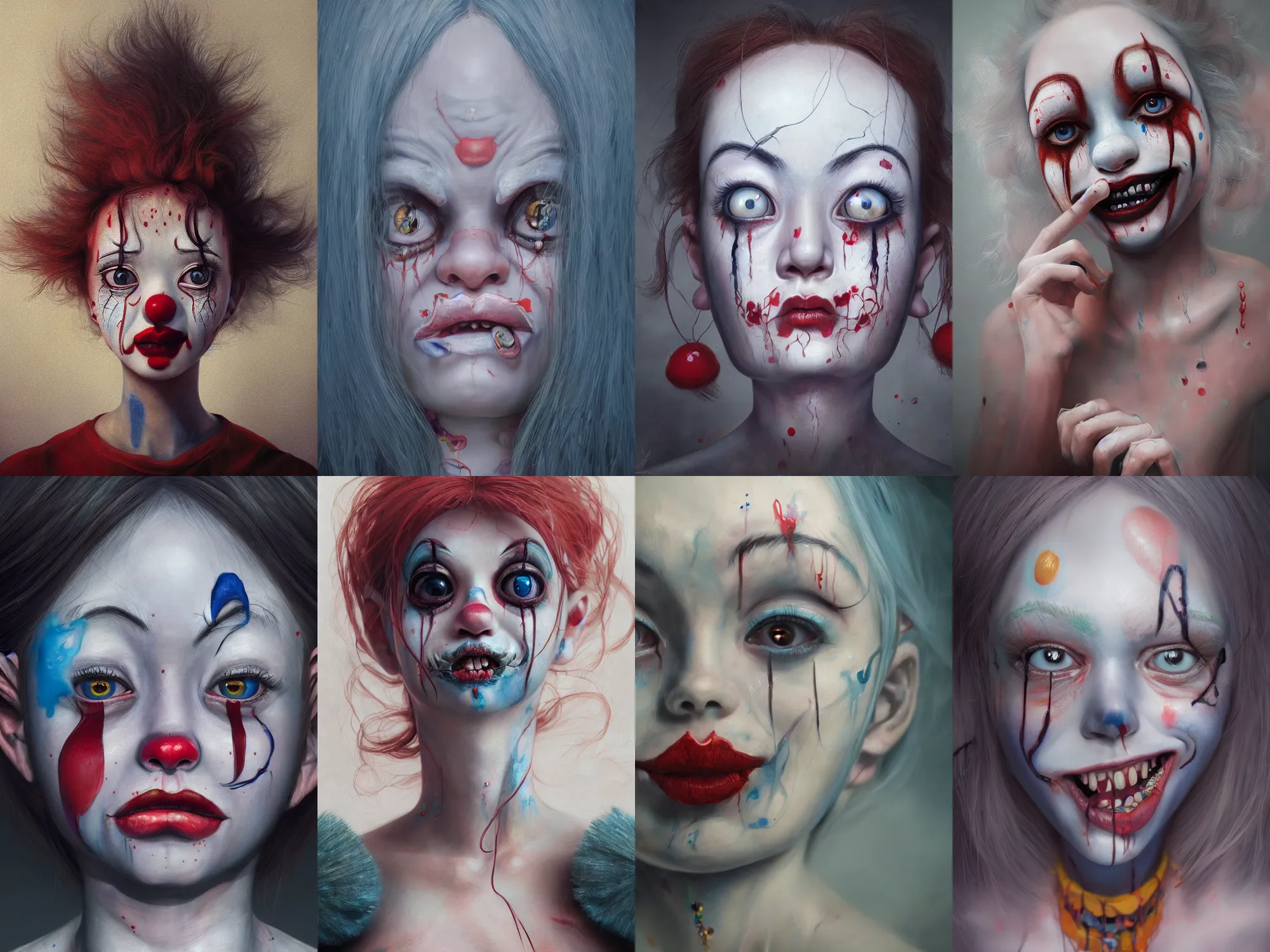 Prompt: detailed painting of clown girl crying, piercing eyes, james jean, miho hirano, extremely moody lighting, hyperrealistic, octane render, ambient light, dynamic lighting