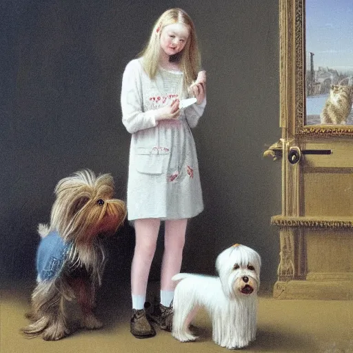 Prompt: Elle Fanning and a Yorkshire terrier, extremely detailed masterpiece, illustration, by Michael Sowa,