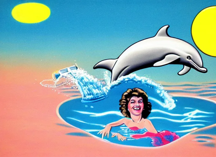 Image similar to professional 1980s airbrush illustration of a cheeky time-travelling dolphin wearing a powder wig floating above a swimming pool