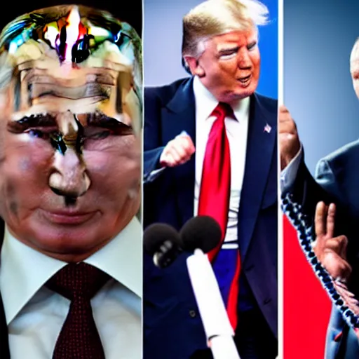 Image similar to putin, trump, obama and bush are having a lightsabber fight and smiling