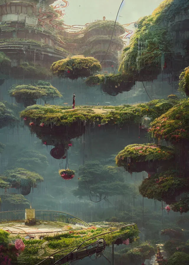 Image similar to The Empress’ hanging, swirling gardens, Jakub Kasper, Makoto Shinkai, Simon Stålenhag, matte painting, featured in artstation, octane render, cinematic, elegant, intricate, 8k