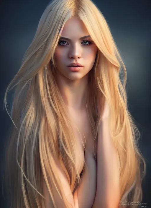 Image similar to photo of a gorgeous female with long blonde hair in the style of stefan kostic, realistic, full body shot, wide angle, sharp focus, 8 k high definition, insanely detailed, intricate, elegant, art by stanley lau and artgerm, floating embers