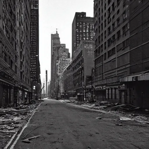 Image similar to color photograph, highly detailed abandoned New York city street at night after the war between humans and AIs, film grain, soft vignette, sigma 85mm f/1.4 1/10 sec shutter, film still promotional image, IMAX 70mm footage