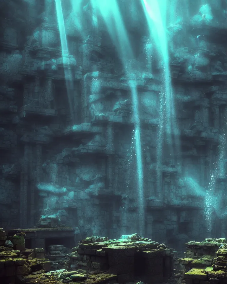 Image similar to full color, wide shot of submerged pre - incan temple, dark, underwater, symmetrical, crepuscular rays, bubbles, abyss, grenada underwater statue park, anime style mixed with fujifilm, very dark, murky, foggy, atmospheric, artstation, cgsociety, octane render, cgi, unreal engine 5, denoise, detailed, cinematic masterpiece