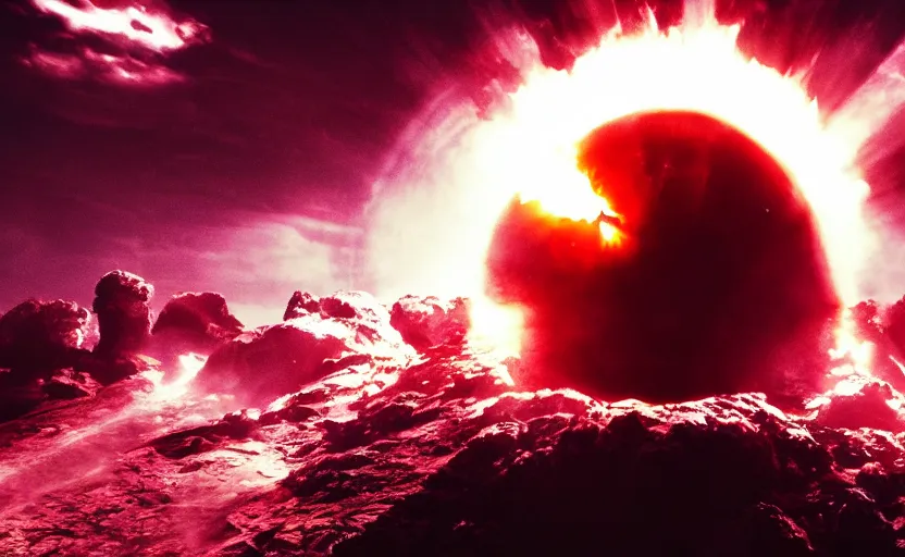 Image similar to skull shaped nuclear explosion of blood, cinematic shot, dramatic volumetric lighting, epic composition, 4K Ultra HD