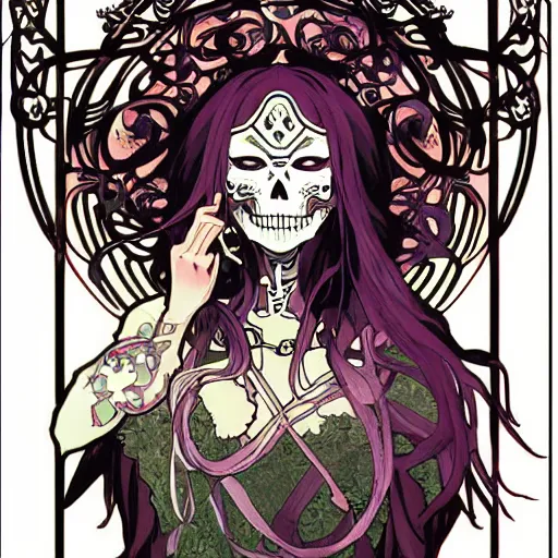 Prompt: anime manga skull portrait young woman skullmask mask fairytale comic skeleton illustration style by Alphonse Mucha pop art nouveau