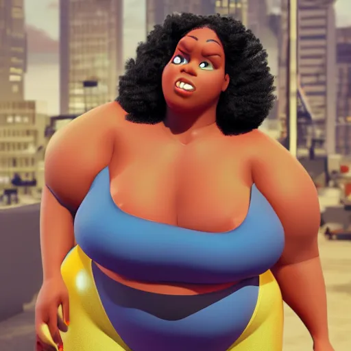 Image similar to still of black bbw woman, 3d, in the style of pixar, comic book style, gym, highly detailed, 16k resolution, octane renderer, coherent