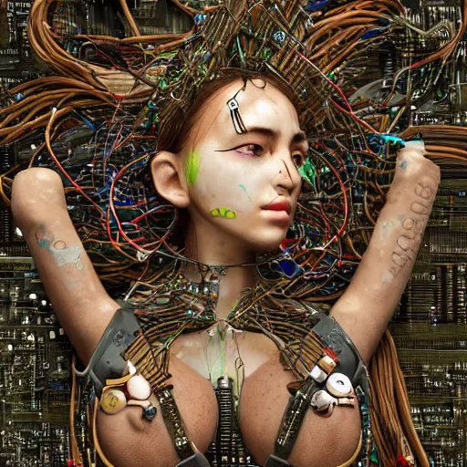 Image similar to piles of modular synth cables mixed with mangrove roots and old video game consoles, kawaii puerto rican goddess chilling out wearing a headpiece made of circuit boards, by cameron gray, wlop, stanley kubrick, masamune, hideki anno, jamie hewlett, unique perspective, trending on artstation, 3 d render, vivid