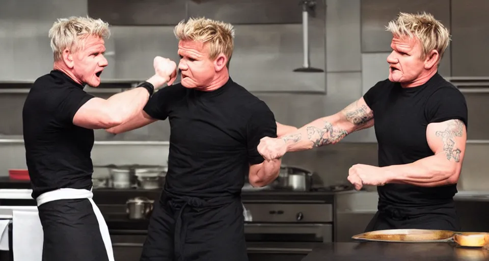 Image similar to photo of angry furious Gordon Ramsay punching Gordon Ramsay at the kitchen