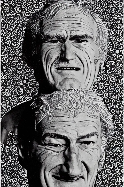 Image similar to an awesome jean giraud portrait of timothy leary telling jokes in the style of a renaissance masters portrait, mystical and new age symbolism