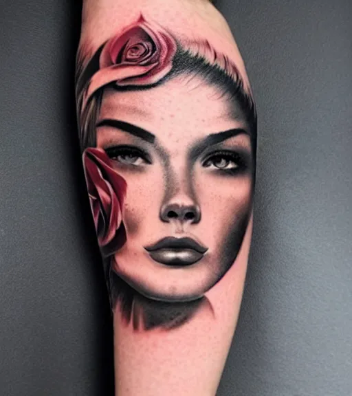 Prompt: tattoo design on white background of a beautiful girl warrior, roses, hyper realistic, realism tattoo, by eliot kohek, beautiful eyes, realistic face