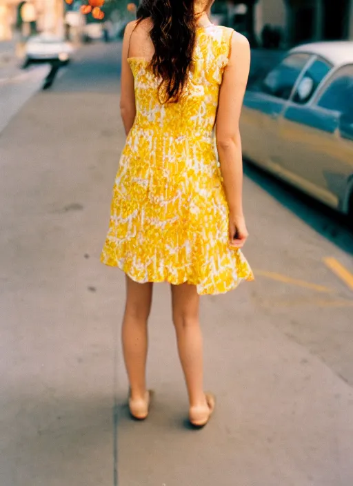 Image similar to portrait of a beautiful brown hair woman in a yellow sun dress in downtown Los Angelas, 50mm lens, Kodak Portra 400 film