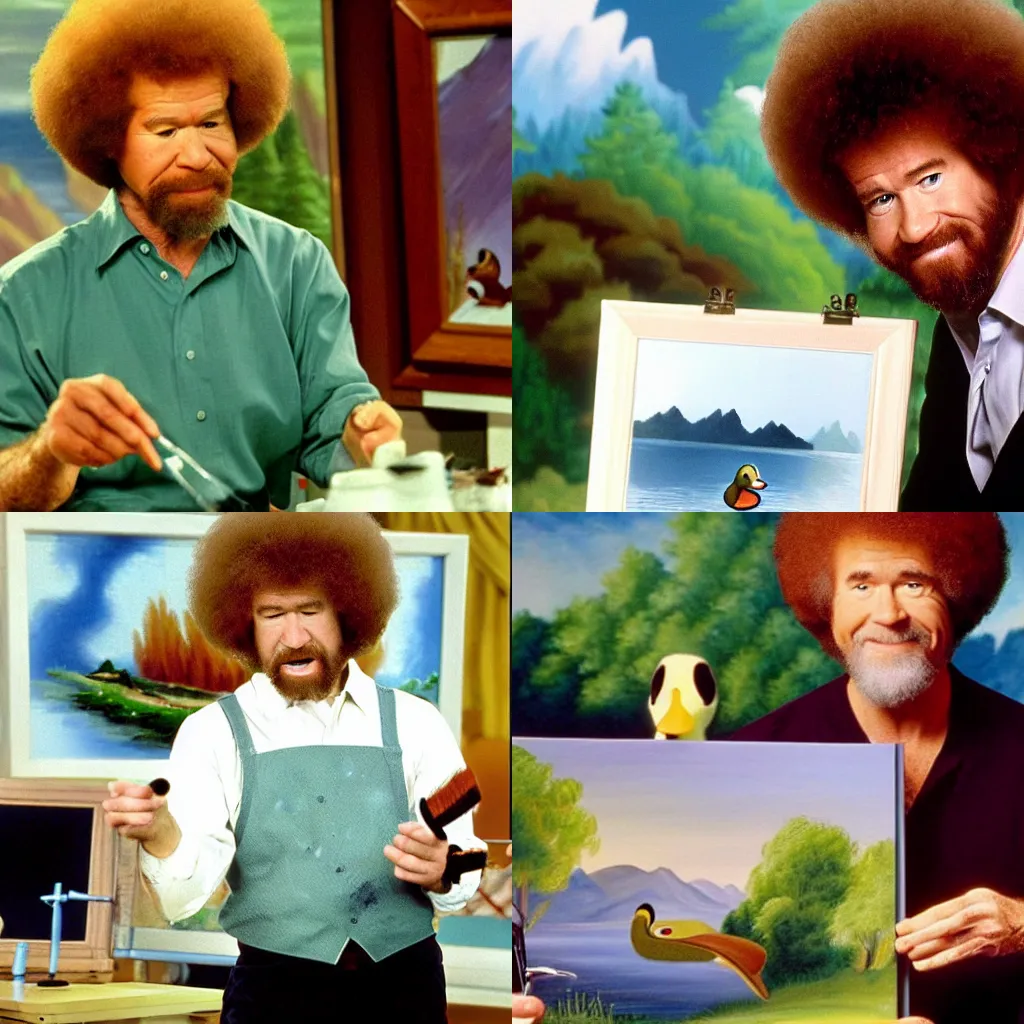 Prompt: Bob Ross painting a picture of a duck, tv show, 90s,