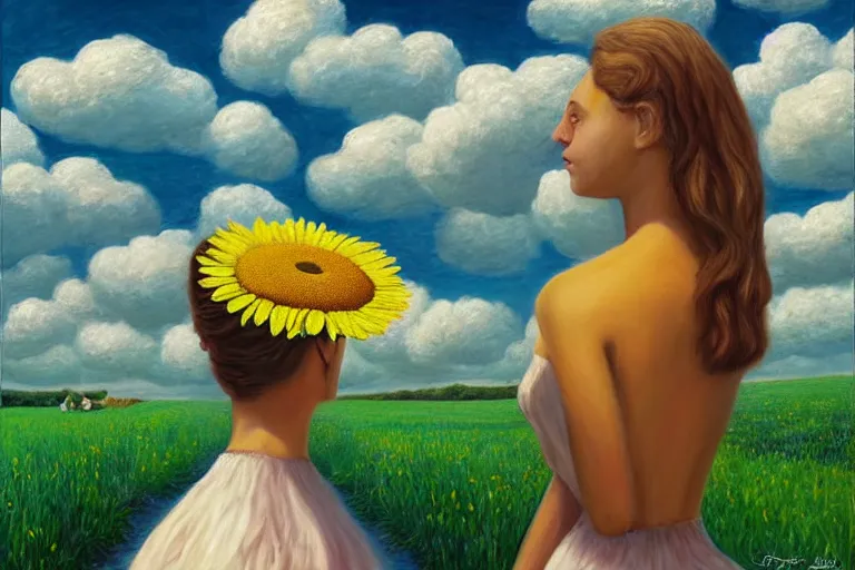 Image similar to giant daisy flower head, woman walking, surreal, clouds in sky, impressionist painting, digital painting, artstation, rob gonsalves