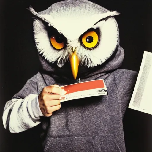 Image similar to close - up anthropomorphic owl in a hoodie, holding a magazine, 9 0 - s fashion, polaroid photo, by warhol,