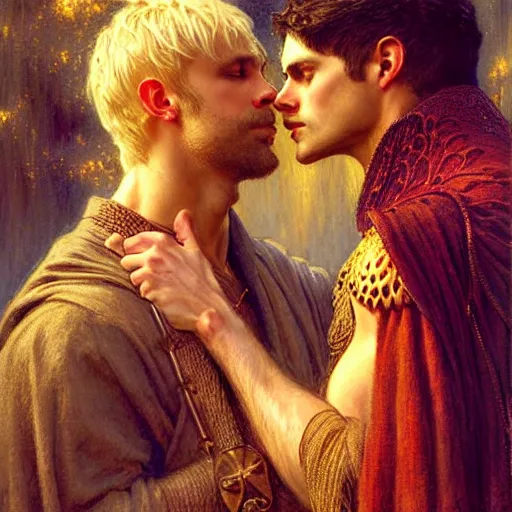 Image similar to stunning arthur pendragon in love with stunning male merlin the mage. they are close to each other, touching, looking. highly detailed painting by gaston bussiere, craig mullins, j. c. leyendecker