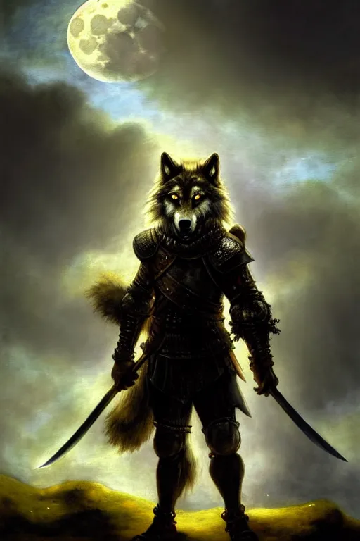Prompt: a bipedal wolf that is wearing full iron plate armor, and holding a big sword, as a matte oil painting and d & d character art, by rembrandt, standing, fullbody, full moon, cumulus clouds, cosmic, sharp focus, award - winning, extremely detailed, 4 k,