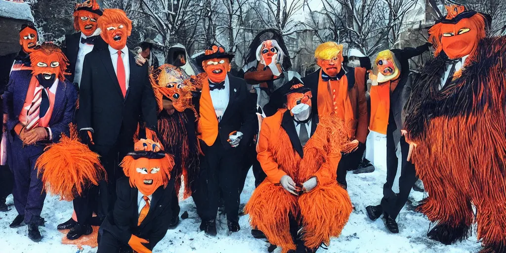 Image similar to photo of real life oompa loompas resembling donald trump, creepy!!!, scaly!!!, gritty!!!, menacing!!!, evil, ultra realistic, gritty, winter, golden hour, volumetric lighting, sharp focus