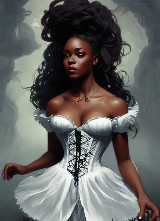 Image similar to cute black woman wearing a white corset dress, fantasy, intricate, highly detailed, digital painting, artstation, concept art, wallpaper, smooth, sharp focus, illustration, art by artgerm and greg rutkowski and alphonse mucha