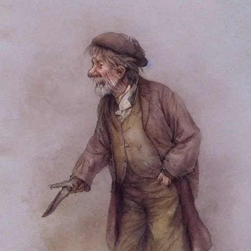 Prompt: !dream a muted color watercolor sketch of a little person poor old man story book character ifrom the book Baltimore & Redingote by Jean-Baptiste Monge of an old man in the style of by Jean-Baptiste Monge that looks like its by Jean-Baptiste Monge and refencing Jean-Baptiste Monge