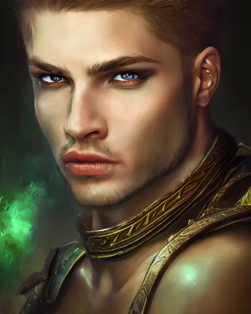 Prompt: a beautiful male warrior, perfect face with green eyes, 8 k, hyperrealistic, hyperdetailed, amazing ratio, fantasy portrait by laura sava