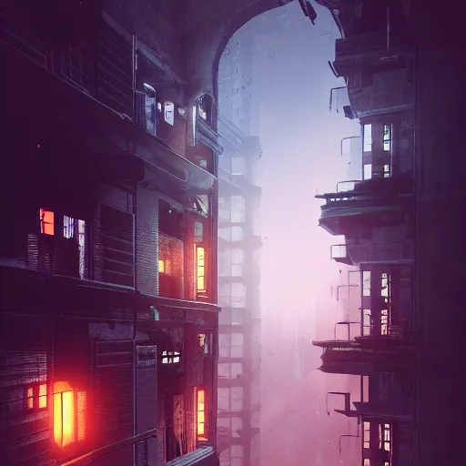 Image similar to One dilapidated building with only one window glowing. ArtStation, Cyberpunk, Vertical Symmetry, 8K, Highly Detailed, Intricate, Album Art.