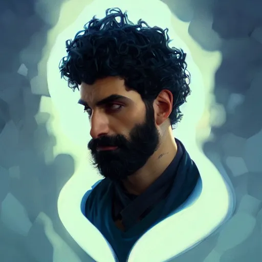 Image similar to ,Crystal blue eyes arab man with black hair curly, light beard,serious face, , by WLOP,Artgerm,Greg Rutkowski,Alphonse Mucha, Beautiful dynamic,shadows,Artstation,concept design art,Octane render,8K