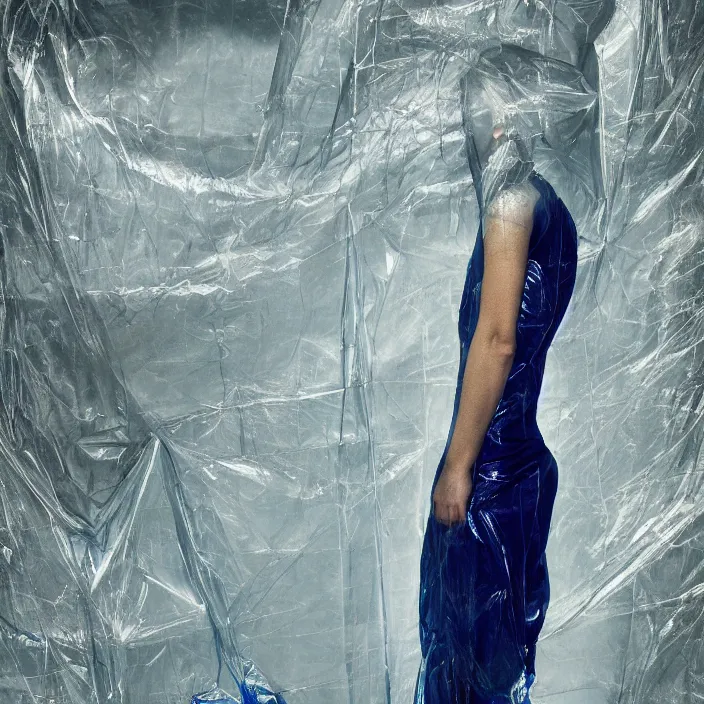 Image similar to closeup portrait of a woman wrapped in dark blue cellophane, standing in a derelict building interior, color photograph, by iris van herpen, canon eos c 3 0 0, ƒ 1. 8, 3 5 mm, 8 k, medium - format print