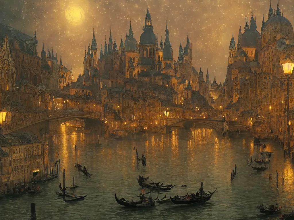 Prompt: a view from the river of a city resembling prague, paris, and venice at night with the sky full of stars, intricate, elegant, highly detailed, digital painting, artstation, concept art, smooth, sharp focus, colored illustration for tattoo, art by krenz cushart and artem demura and alphonse mucha,