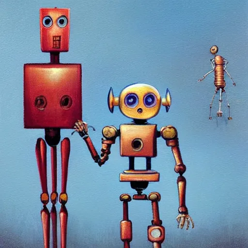 Prompt: a skinny outdated awkward robot with joints that creak and a triangular head with 2 antenna, painting by Ed Binkley