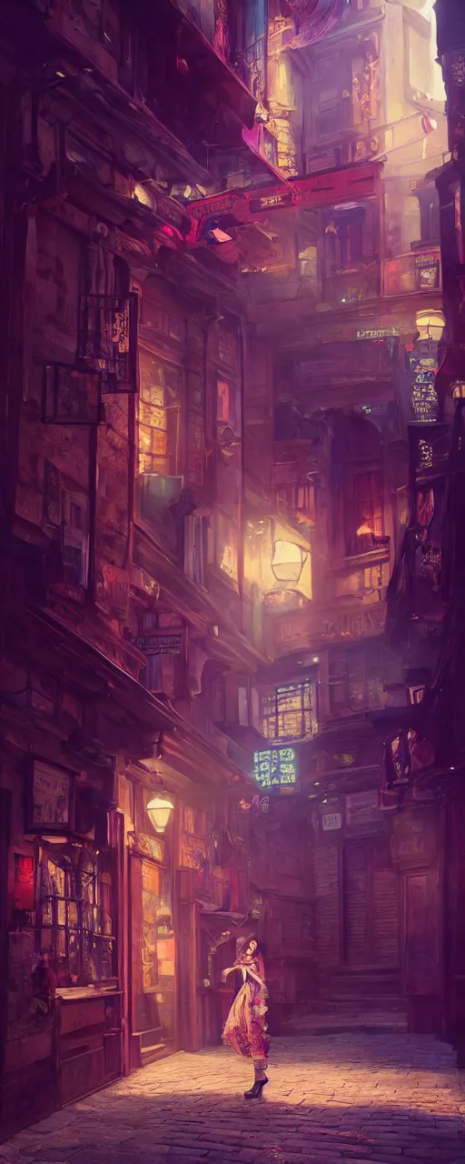 Image similar to portrait of tavern bard gemma chan infront of tiny, narrow dark streets with exotic dancers, exterior, two stories, vaporwave aesthetics, 8 k uhd, unreal engine, octane render in the artstyle of finnian macmanus, john park and greg rutkowski
