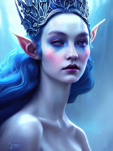 Image similar to the elven queen with blue skin by james jean, charlie bowater, tom bagshaw, nikolay makovsky, melanie delon : : enchanting, ethereal, magical, glowing, sparkle, prismatic, portrait, character design, illustration, hyperrealism, photorealism, digital art, concept art, fantasy, whimsy, weta, wlop, artstation