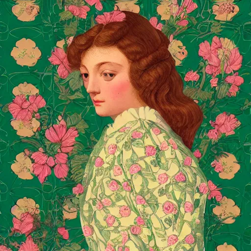 Prompt: a lot of flowers patterns morphing in a beautiful girls face, baroque wallpaper, film still by wes anderson, depicted by balthus, limited color palette, very intricate, art nouveau, highly detailed, lights by hopper, soft pastel colors, minimalist