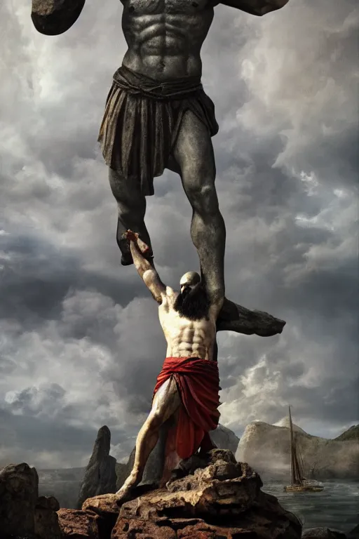 Prompt: kratos fighting against cristo redentor statue, 8 k, hdr, great light, gustave courbet, annie leibowitz