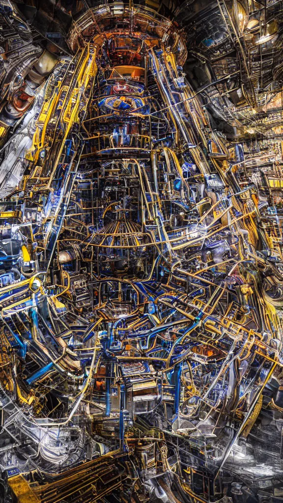 Image similar to macro photography of the giant psychedelic magical machine embedded within the mountain, industrial machinery, sedimentary rock and marble, pistons and valves, hadron collider, super conducters, reactor circuits, isometric, cool dark tones in the style of Luis García Mozos