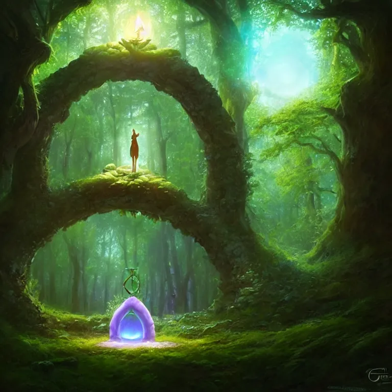 Prompt: Fantasy Magical fairy-tale glowing stone portal in the forest. Round stone portal teleport in trees to other worlds. Fantastic landscape. Magic Altar in the fores, highly detailed, digital painting, artstation, concept art, smooth, sharp focus, illustration, art by greg rutkowski