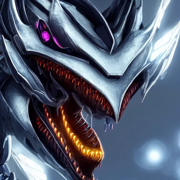 Image similar to close up mawshot of a cute elegant beautiful stunning anthropomorphic female robot dragon, with sleek silver metal armor, glowing OLED visor, facing the camera, the open maw being highly detailed and soft, with a gullet at the end, food pov, micro pov, vore pov, digital art, pov furry art, anthro art, furry, warframe art, high quality, 3D realistic, dragon mawshot, maw art, macro art, micro art, dragon art, Furaffinity, Deviantart, Eka's Portal, G6