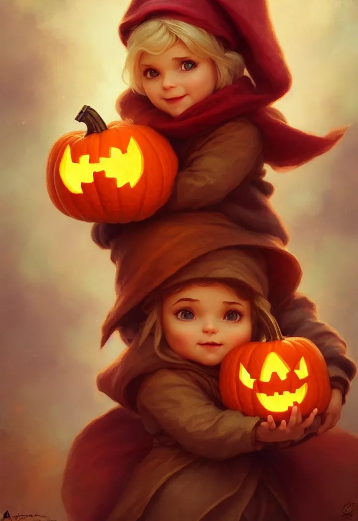 Image similar to hand drawn cute one gnomes face in autumn disguise holding pumpkin, detailed closeup face, concept art, low angle, high detail, warm lighting, volumetric, godrays, vivid, beautiful, trending on artstation, art by artgerm and greg rutkowski and alphonse mucha