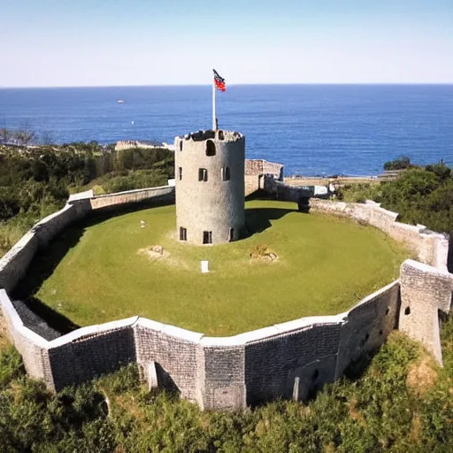 Image similar to aerial view of a punisher fortress from above on a hill by the ocean. castle tower is shaped exactly like the punisher symbol detailed