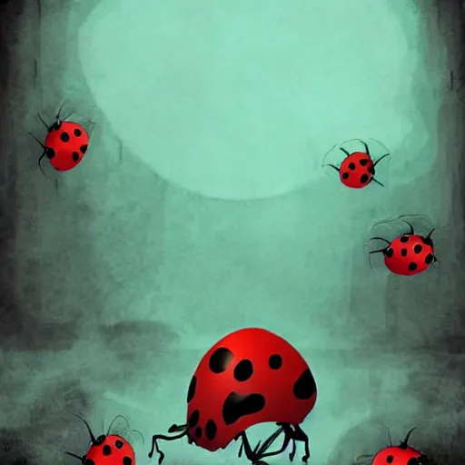 Prompt: ladybug as a monster, visual art style, scary atmosphere, nightmare - like dream