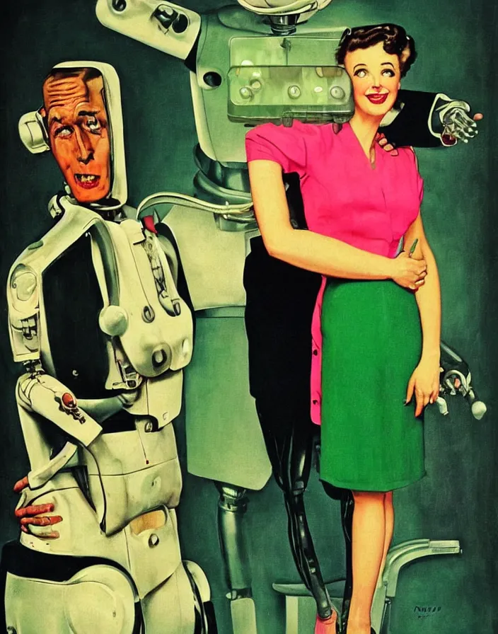 Prompt: a female housewife being hugged by a robot!!! husband!!! in a suit, 1 9 5 0 s horror film movie poster style, ( norman rockwell oil painting ), retro science fiction, vintage, saturated pink and green lighting, shadowy lighting