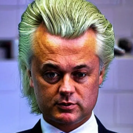 Prompt: geert wilders with static hair, hair raised up in spikes