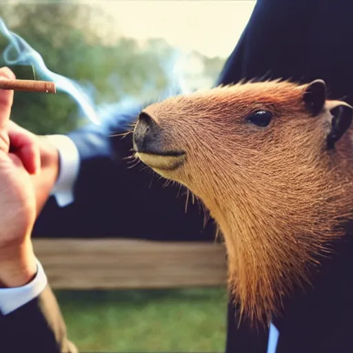 Prompt: smoking cigar, a man wearing a suit capybara head (smoking cigar)