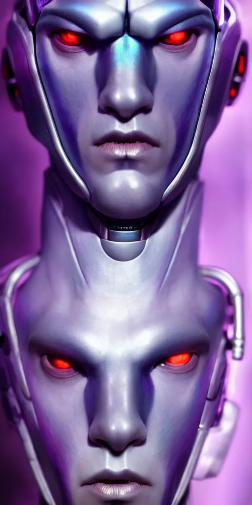 Image similar to hyperrealistic close-up of art deco cyborg man with purple hair and pearlescent blue skin wayne barlowe machiej kuciara very dramatic lighting on one side wide angle 35mm shallow depth of field