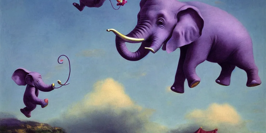 Image similar to a purple elephant flying in the air like dumbo, illustration, detailed, smooth, soft, warm, by Adolf Lachman, Shaun Tan, Surrealism