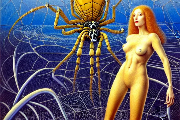 Prompt: realistic extremely detailed portrait painting of a fully dressed woman with a giant spider, futuristic sci-fi landscape on background by Jean Delville, Amano, Yves Tanguy, Ernst Haeckel, Edward Robert Hughes, Roger Dean, rich moody colours, blue eyes