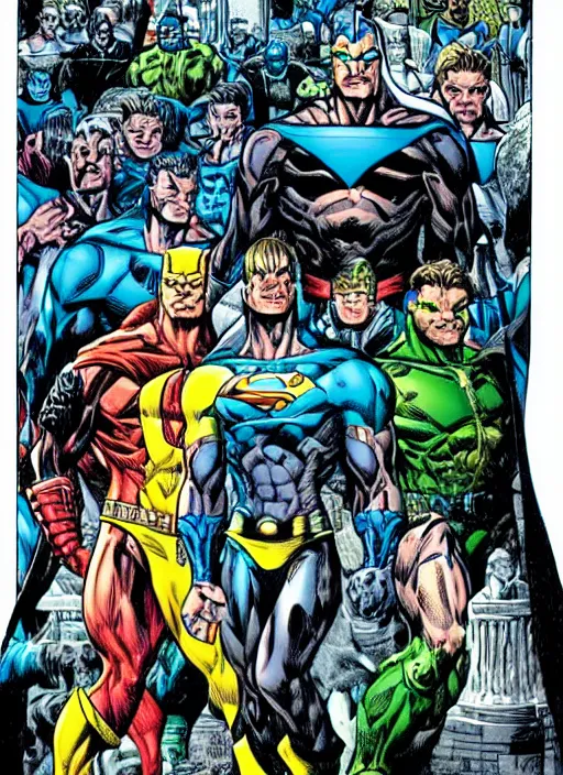 Image similar to 1 9 9 8 issue of jla cover depicting prometheus by ed mcguinness, masterpiece ink illustration,