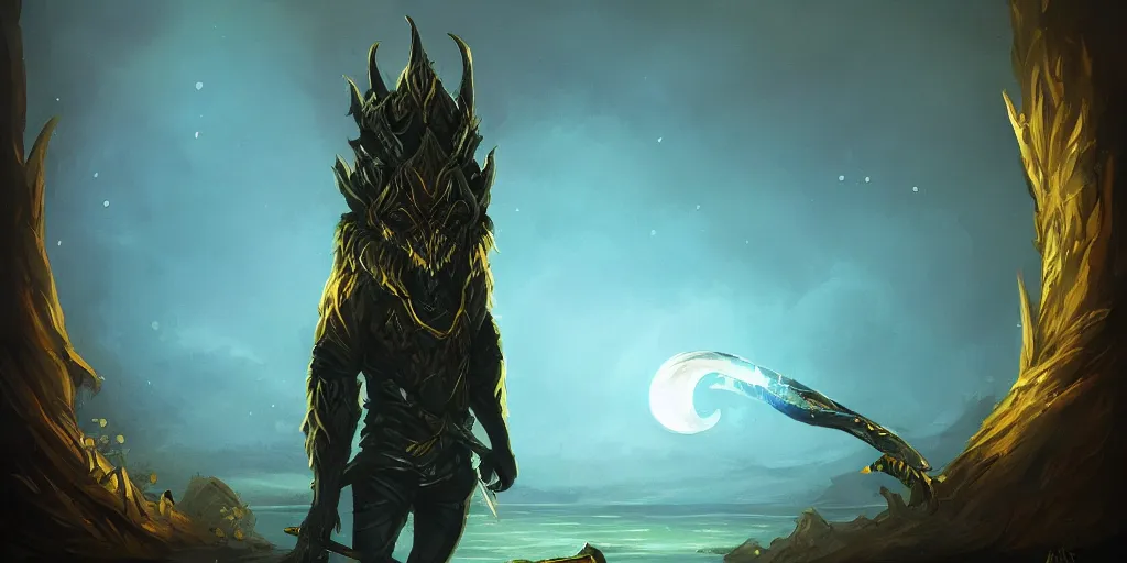 Prompt: golden dark fantasy creature holding obsidian longsword, moonlight sky, dark blue swamp, style by anato finnstark, artstation