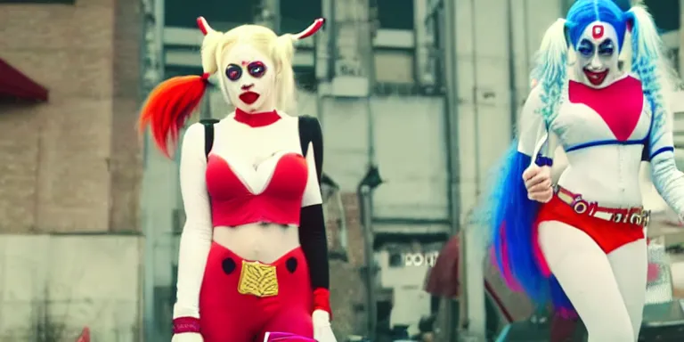 Image similar to film still of doja cat as Harley Quinn in Joker, full-shot, 4k