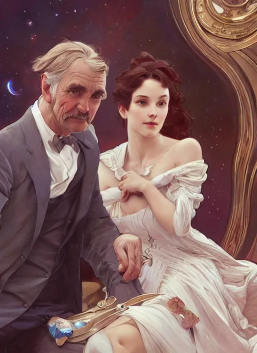 Prompt: an elegant couple, a man and a woman, sit together on a crescent moon. close up on highly detailed faces. painting by artgerm and greg rutkowski and alphonse mucha.